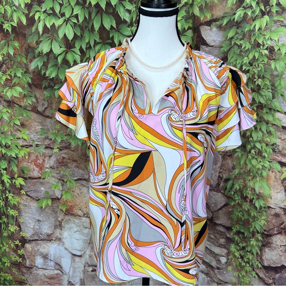 BEFORE YOU WITH LOVE Retro 60s Pattern Multicolor Ruffle Sleeve Blouse, S - Picture 2 of 10